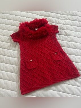 Janie And Jack Crimson Red Faux Fur Collar Sweater Dress Girl size 6-12M